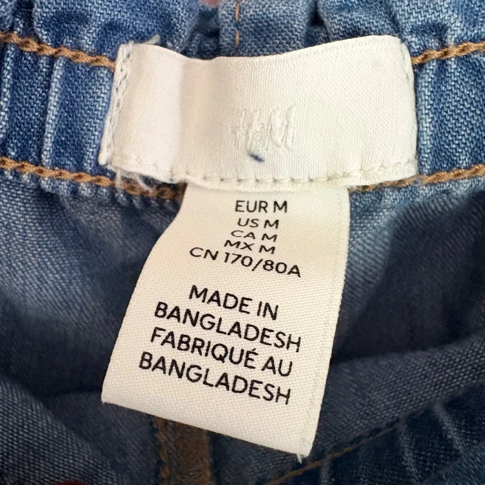 H&M Pants Denim Drawstring Medium Blue Loose Fit High Waist Wide Leg